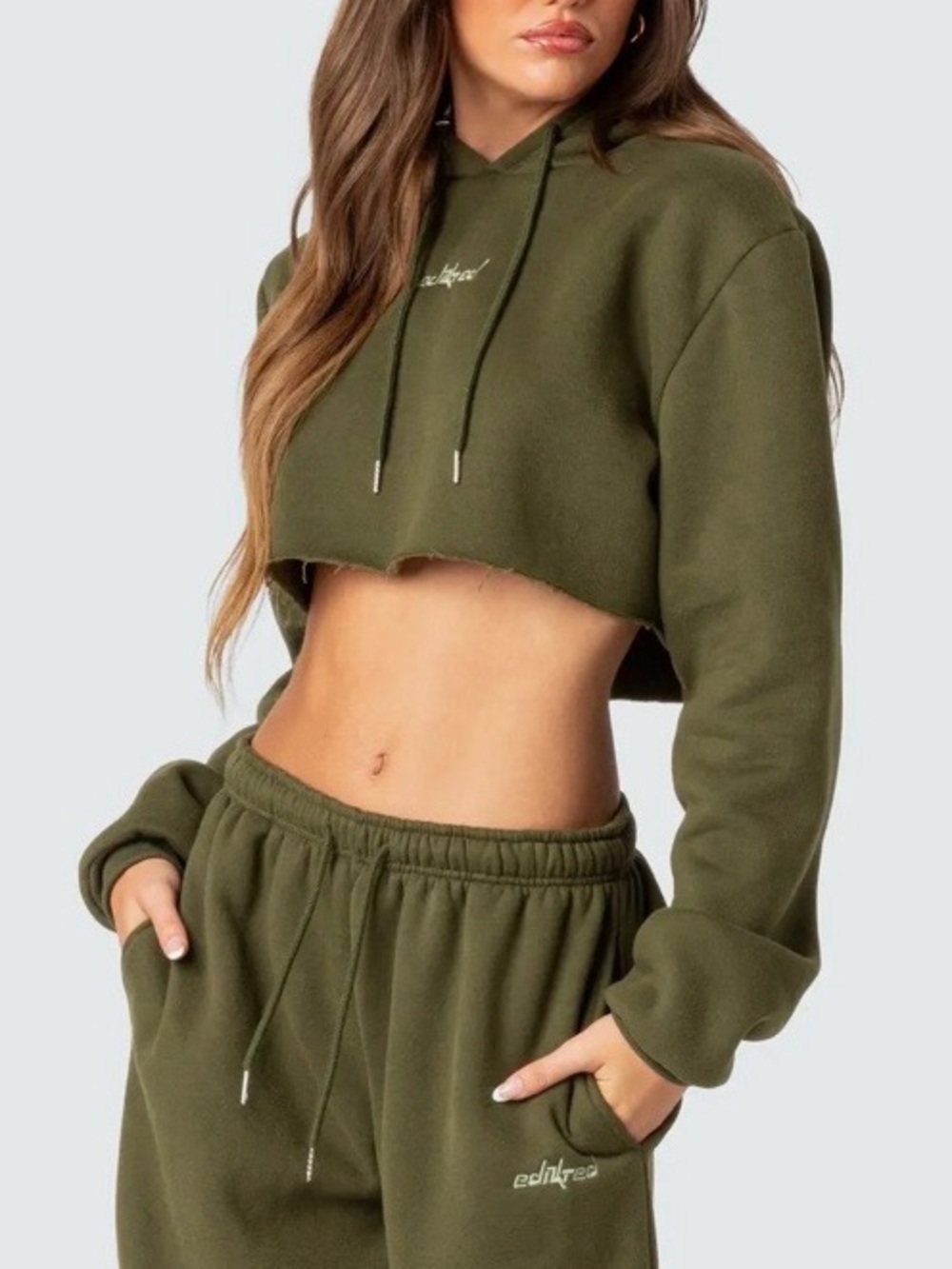 Edikted Olive Cropped Hoodie Sweatshirt